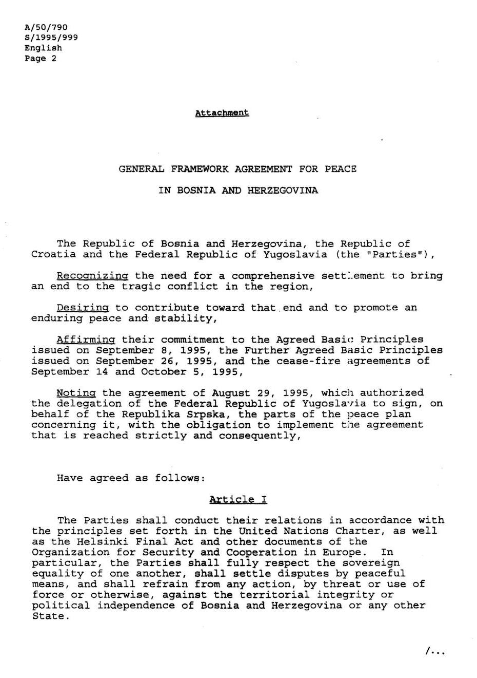 First page of the Dayton Peace Accord document, titled GENERAL FRAMEWORK AGREEMENT FOR PEACE IN BOSNIA AND HERCEGOVINA