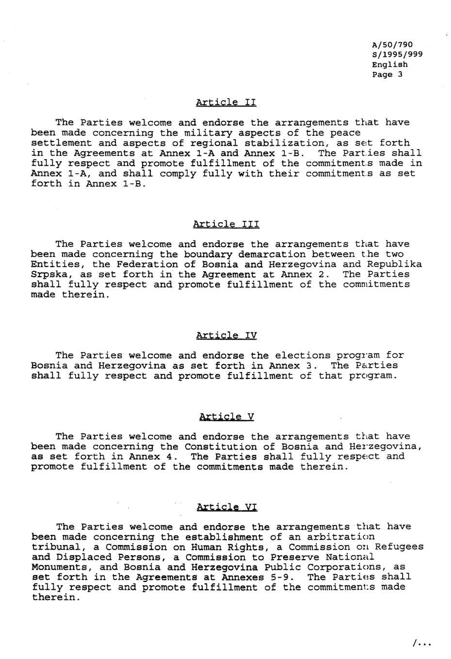 Second page of the Dayton Peace Accord document, with five paragraphs titled ARTICLE II, ARTICLE III, ARTICLE IV, ARTICLE V, ARTICLE VI