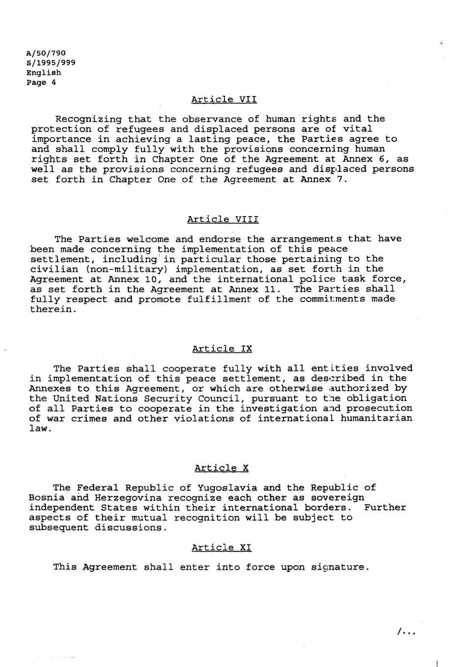 Third page of the Dayton Peace Accord document, with five paragraphs titled ARTICLE VII, ARTICLE VIII, ARTICLE IX, ARTICLE X, ARTICLE XI