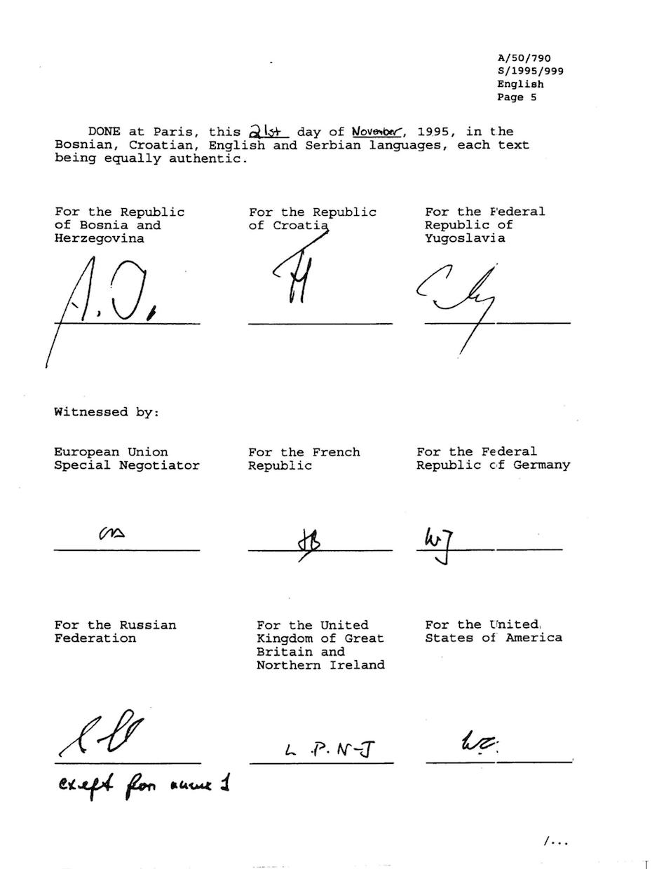 Fourth page of the Dayton Peace Accord document, bearing the signed initials of Alija Izetbegović, Franjo Tudjman, and Slobodan Milošević