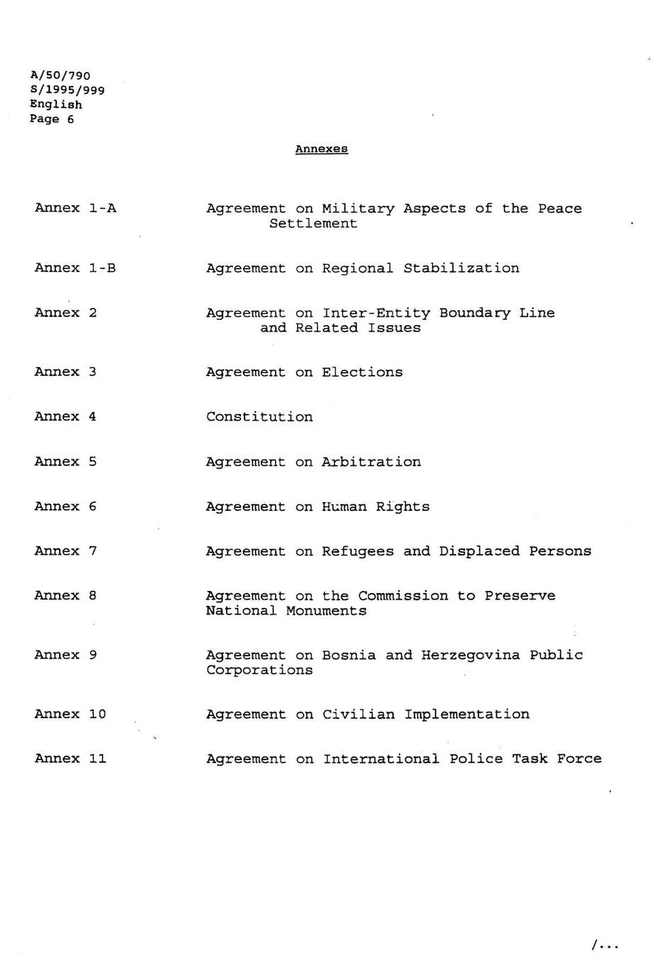 Fifth page of the Dayton Peace Accord document, which enumerates the titles of 12 different Annex documents