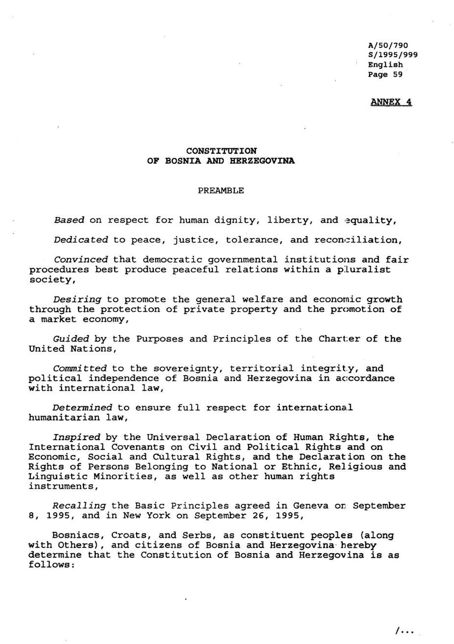 Page 59 of the Dayton Peace Accord document, also marked as ANNEX 4, which is titled CONSTITUTION OF BOSNIA AND HERCEGOVINA