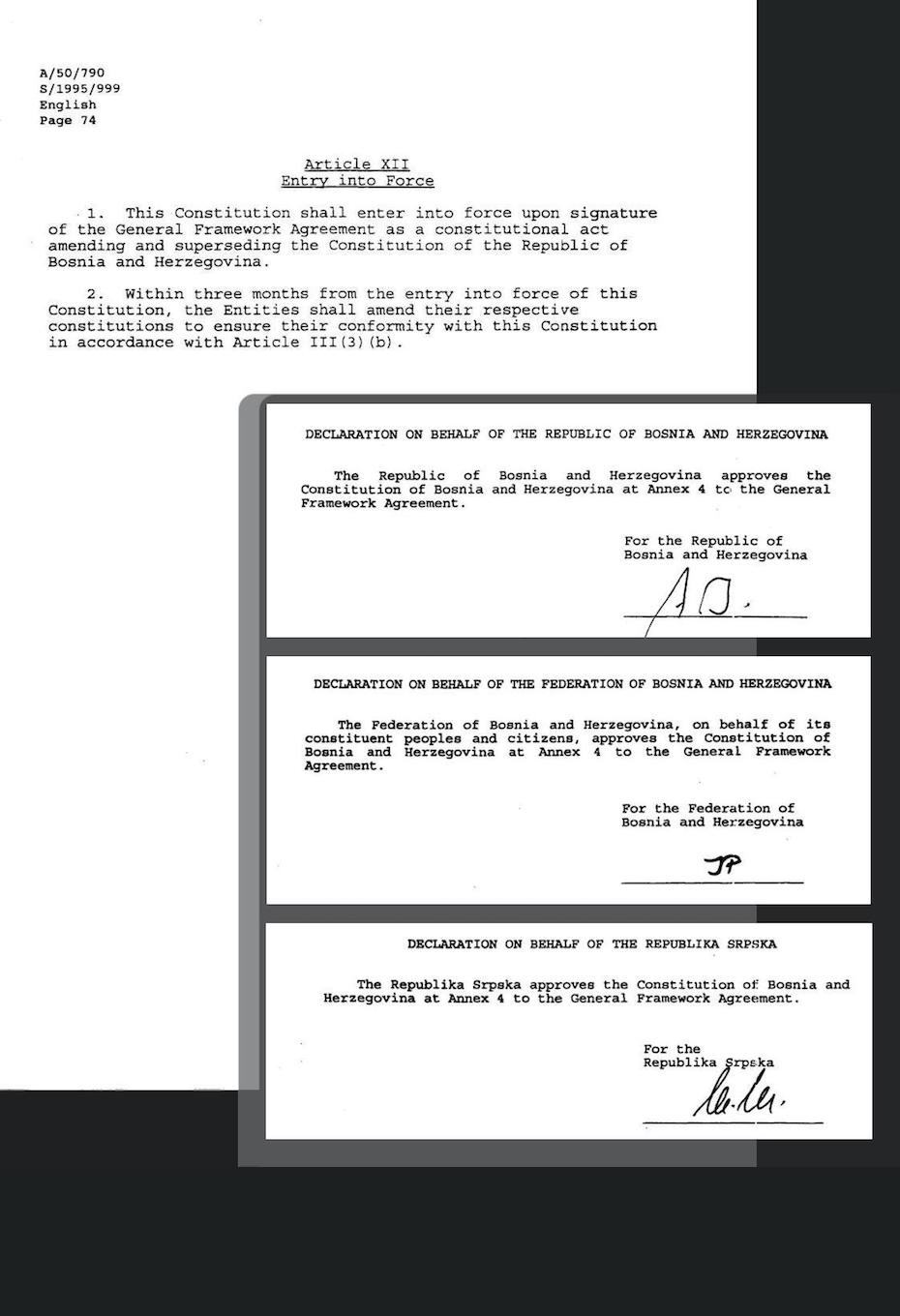 Page 74 of the Dayton Peace Accord document, also marked as ARTICLE XII, titled ‘ENTRY INTO FORCE’. It bears the signed initials of the leaders of the new republics within Bosnia-Hercegovina.