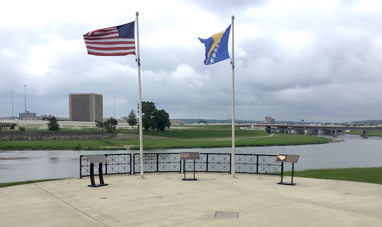 photo of the Peace Plaza monument in Dayton, Ohio, overlooking the Miami River