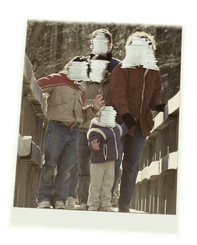 a poloroid family photo showing 5 people, but each of their faces has been scratched out of the photo