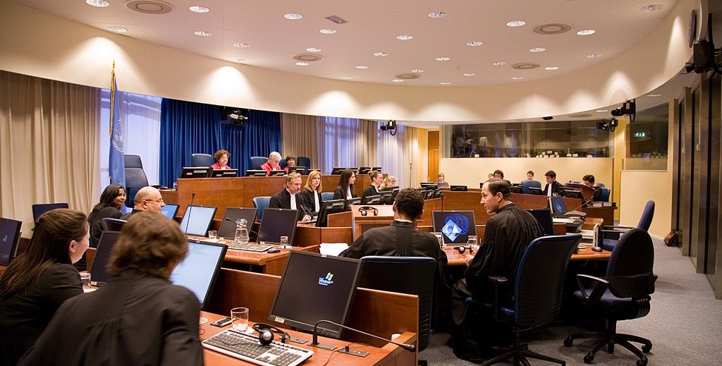 photo of a courtroom of the International Criminal Tribunal at the Hague