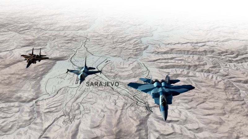 illustration of three fighterjets flying over the map of mountains surrounding Sarajevo