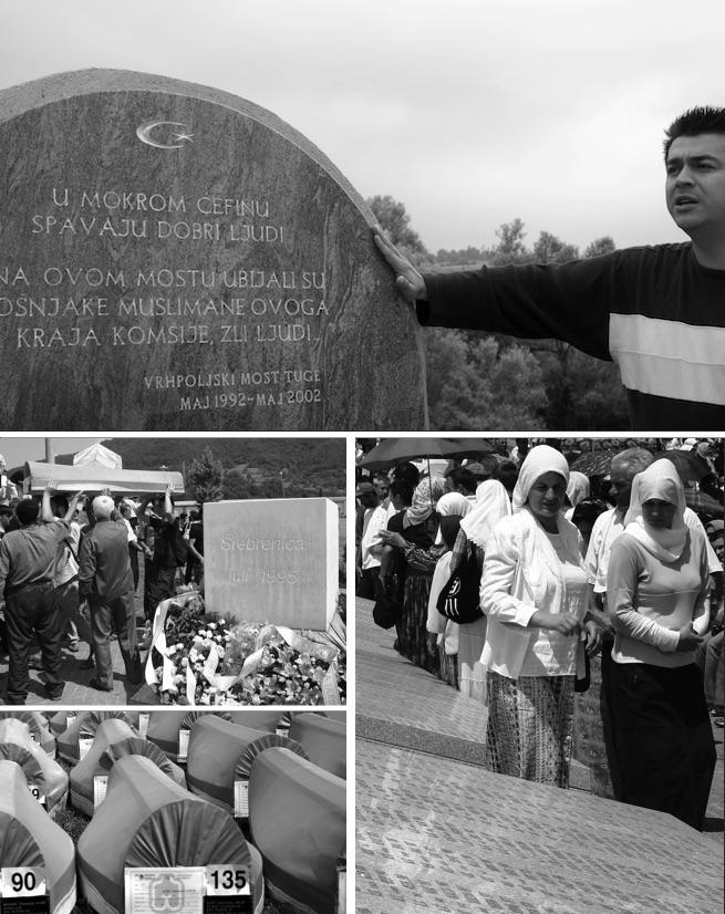 montage of 4 black-and-white photos showing a reburial ceremony at Srebrenica, as well as solemn stone markers there