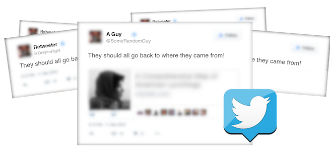 graphic showing an angry tweet and dozens of retweets. The tweet says THEY SHOULD GO BACK TO WHERE THEY CAME FROM!