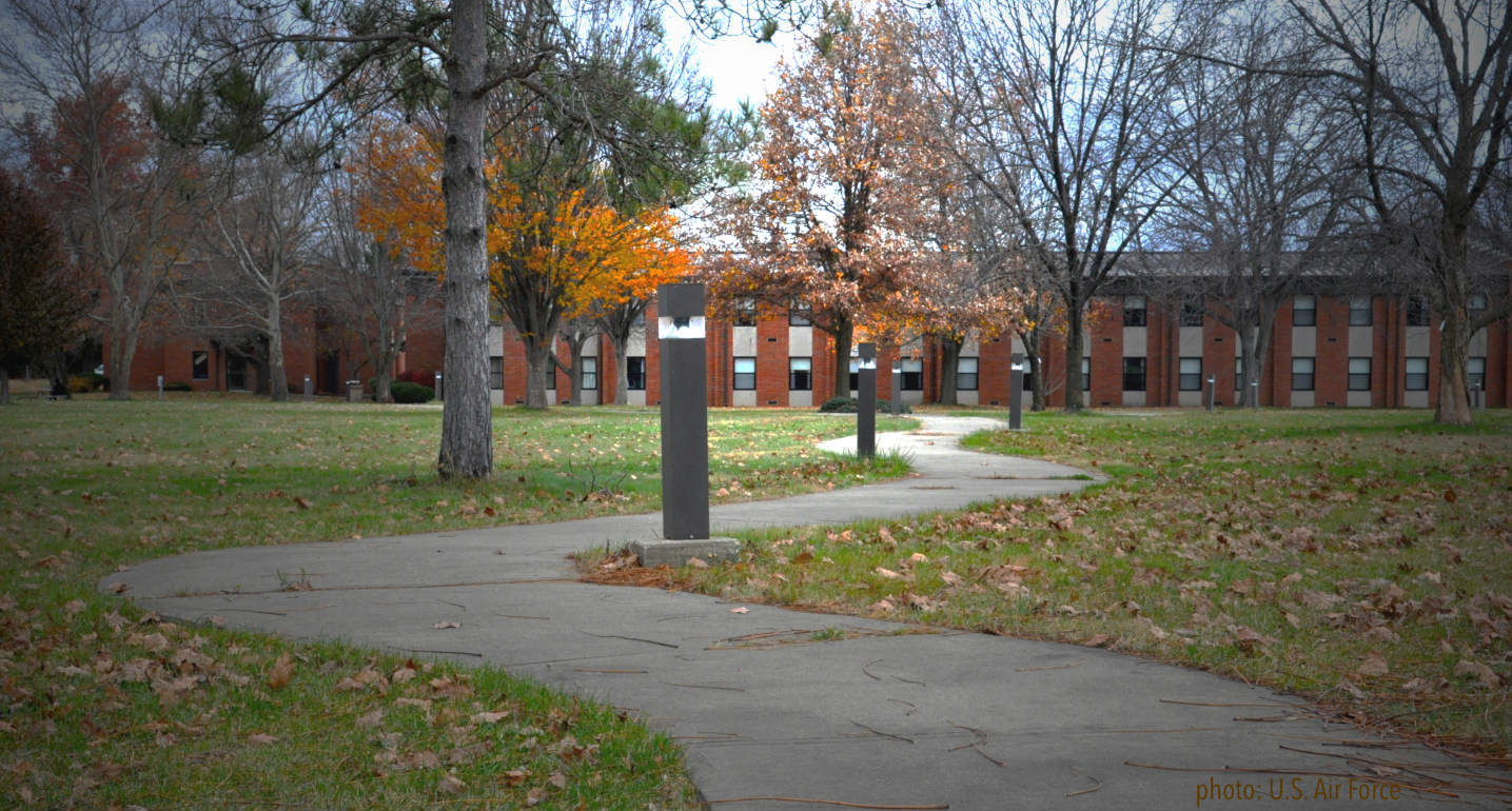 photo of a winding pathway leading towards brick buildings at Wright-Patterson Air Force Base