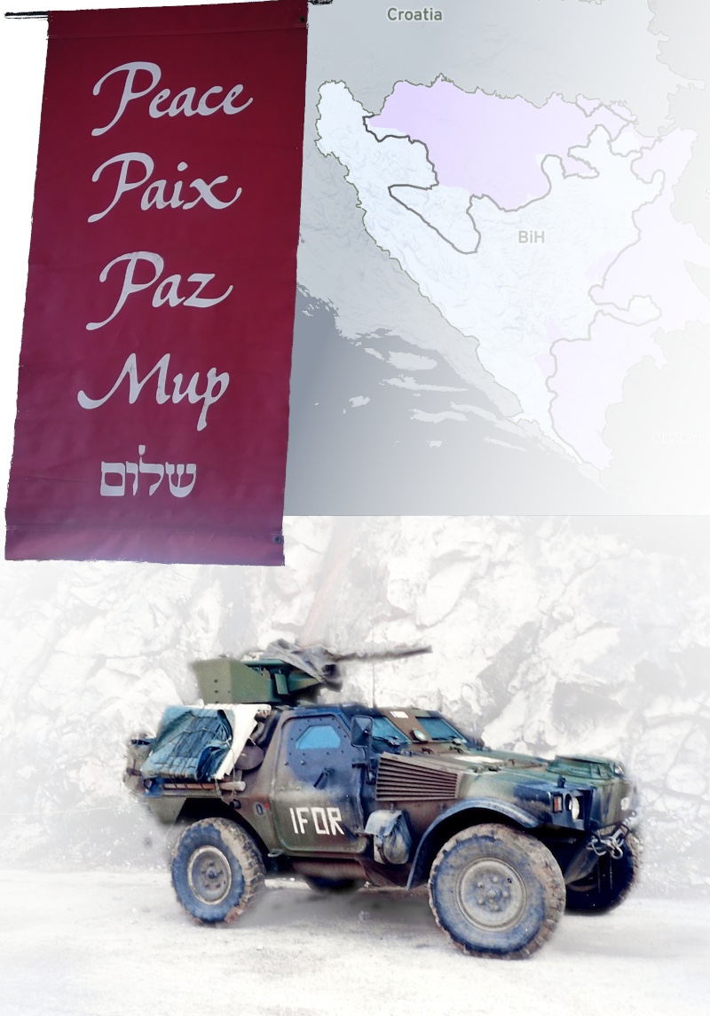 a montage of images, including a map of Bosnia, an armored jeep, and a banner urging 'Peace'