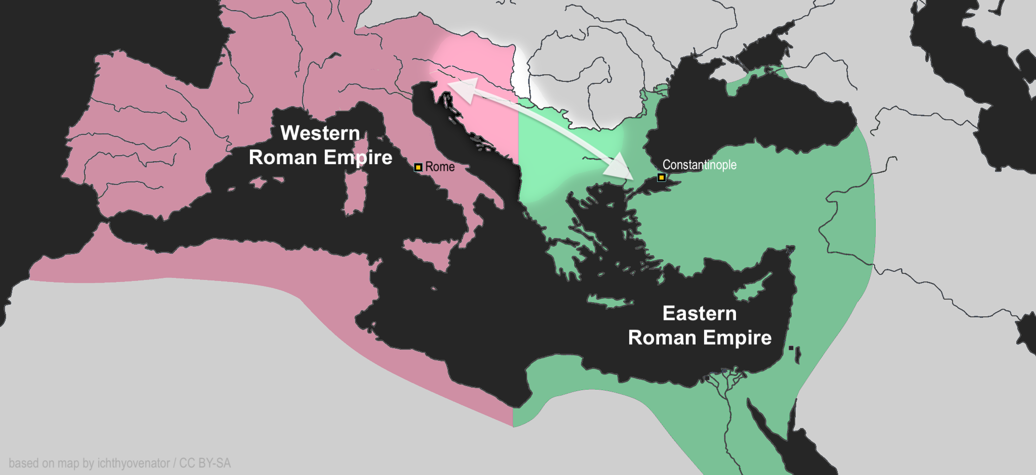 diagram of the boundaries of the Western and Eastern Roman Empires, highlighting the Balkan region between them